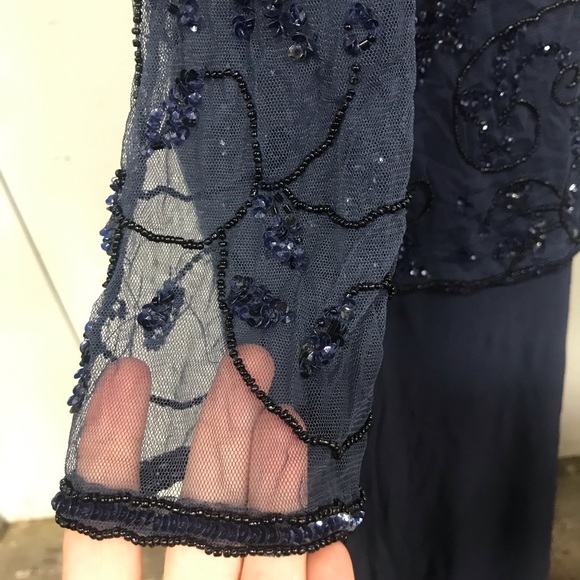 Pisarro Nights Sheer Beaded Bodice 3/4 Sleeve Gown - Picture 4 of 10